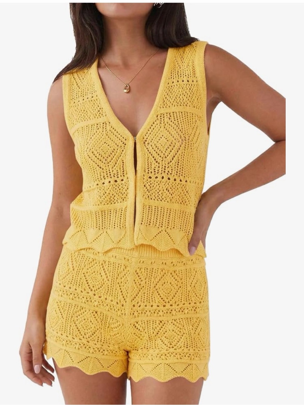 Co ord beach cover up Yellow Crochet Tank & Short Set size small